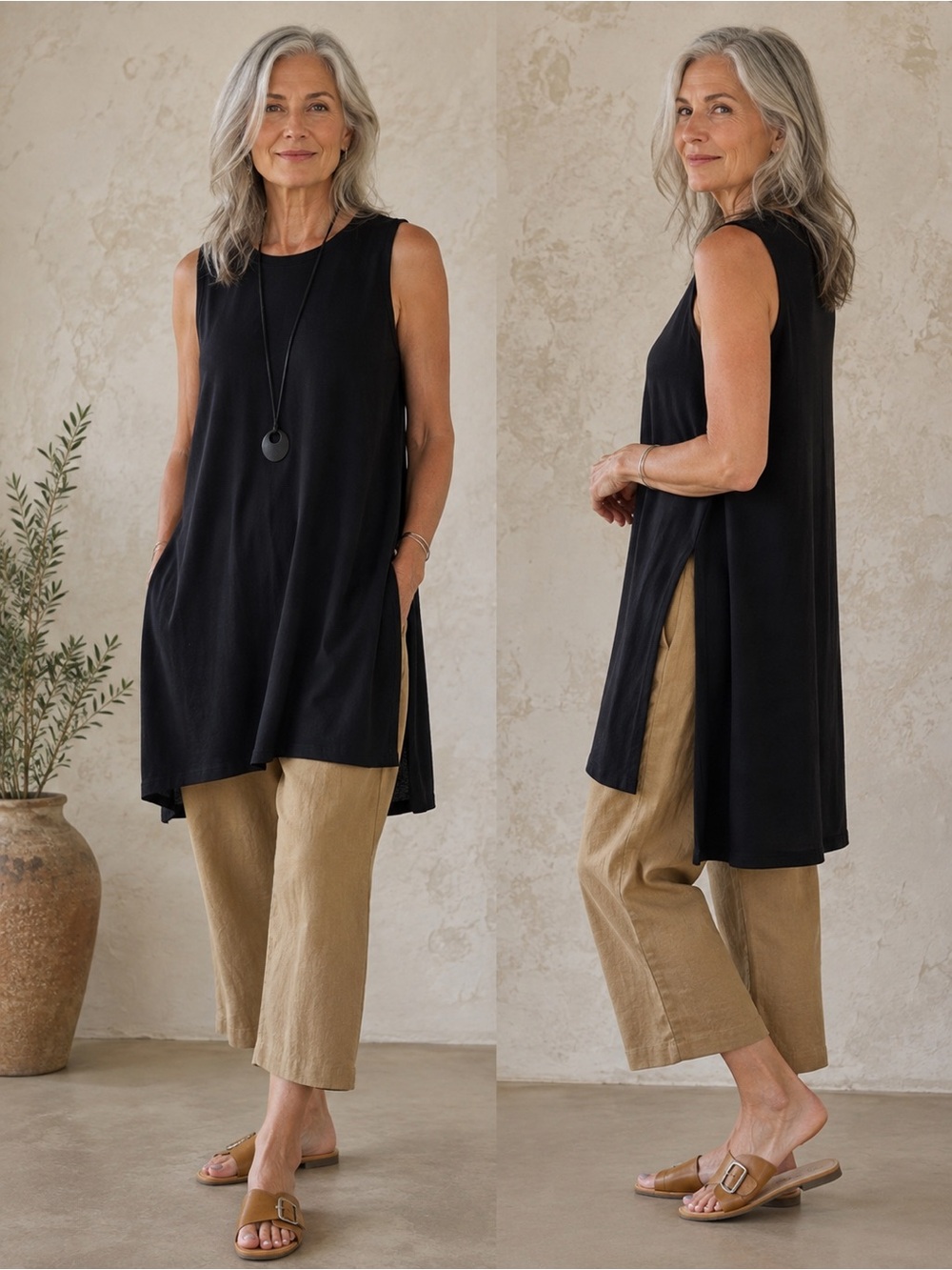 Eileen Fisher Black Sleeveless Tunic Top High Side‎ Slits Small
